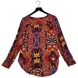 Loft Tunic Blouse Sz XS Slit Long Sleeve Floral Career Office Artsy Boho Ornate